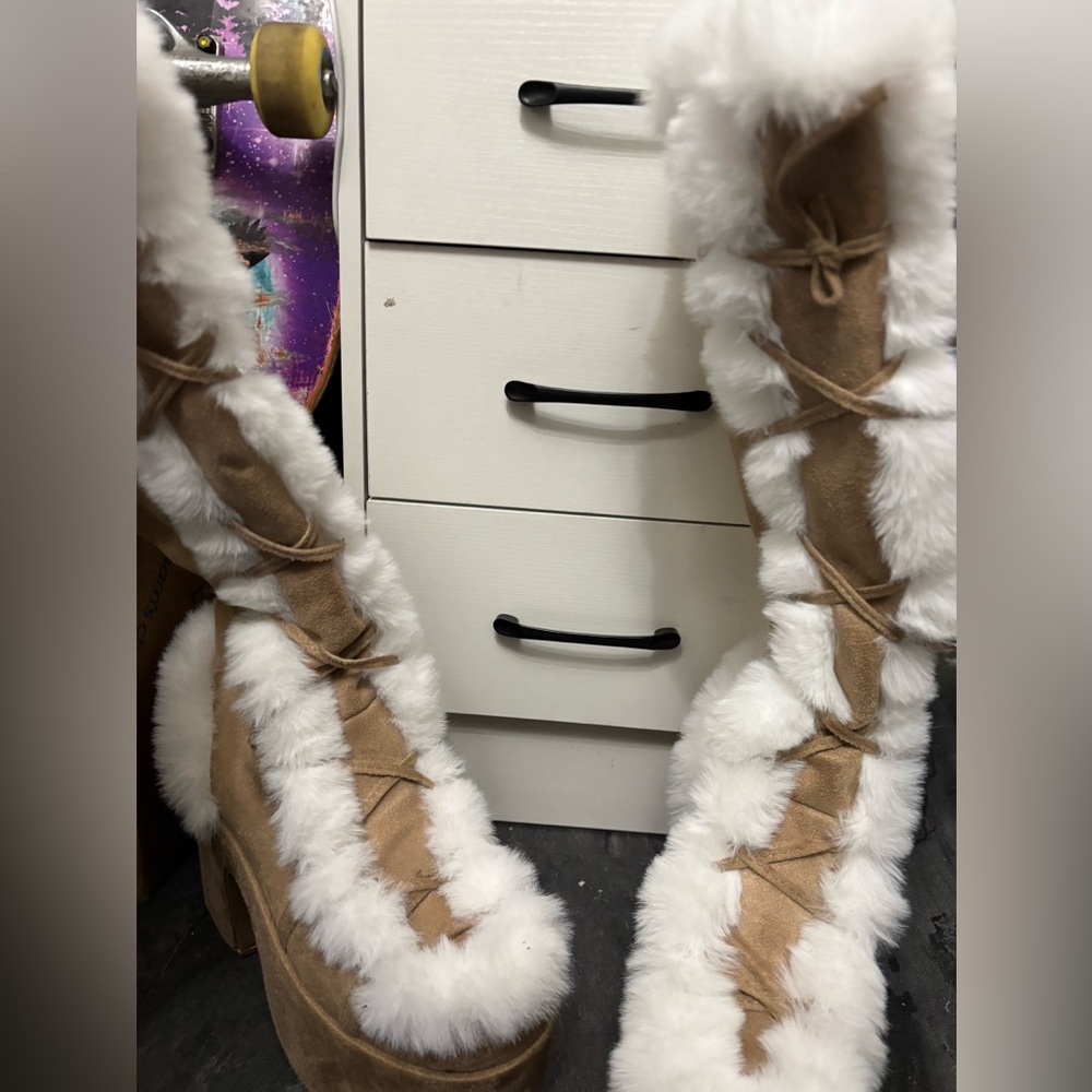 SHEIN Tan and White Heeled Boots